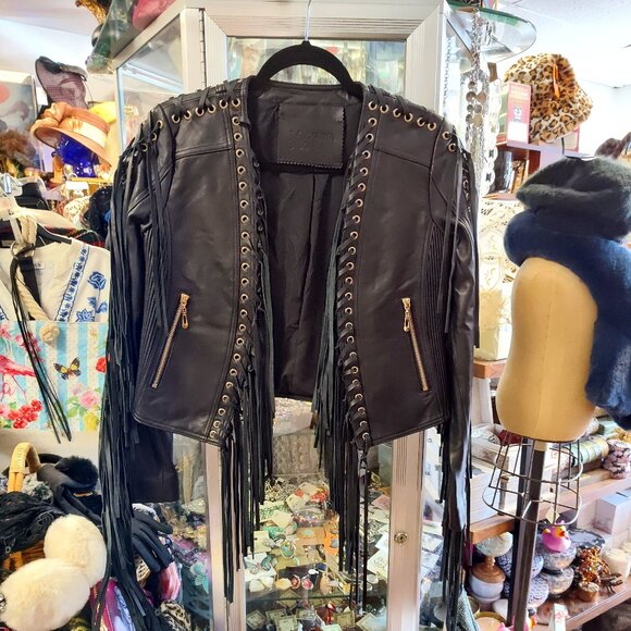 MADONNA & CO LUXE FRINGE LEATHER BOLERO JACKET BIKER BABE RARE - Picture 1 of 8